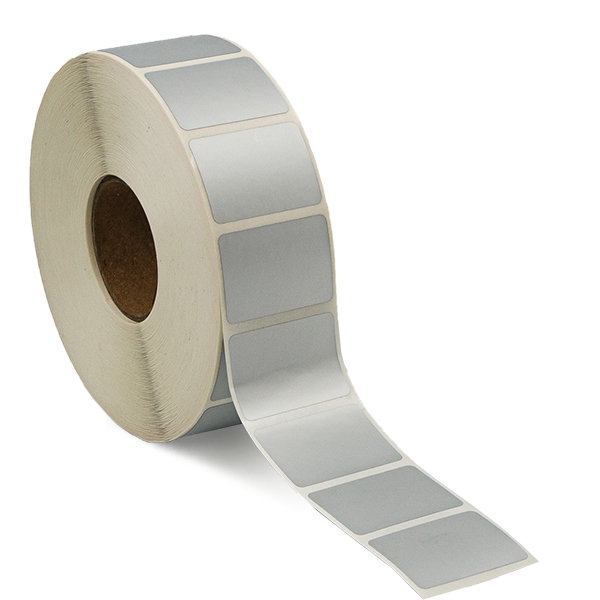Silver polyester etiketter, på rulle, 35x25 mm